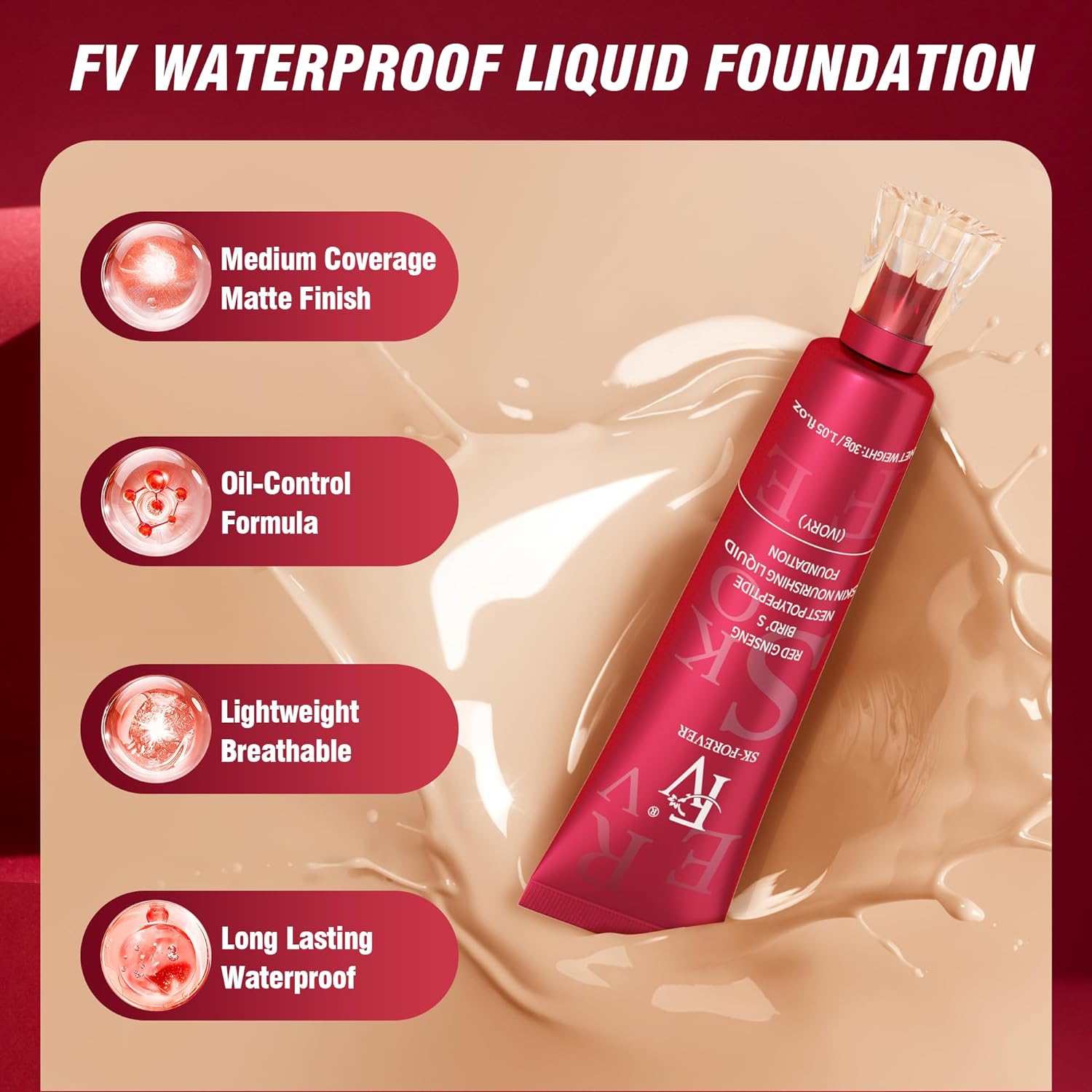 FV Foundation Tube China Red Original Waterproof with Medium Coverage, Oil-free & Long Lasting, Lightweight, Matte Foundation for Oily/Normal Skin, Sweat-resistant Liquid Makeup Foundation for Face, 30g, Natural Beige Billux Bazaar